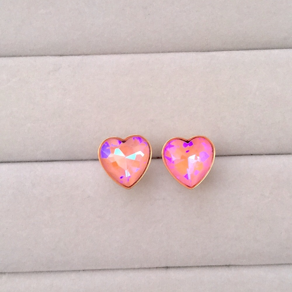 Rose Pink Aurora Borealis + Gold Crystal Heart Earrings - Picture 3 of 5